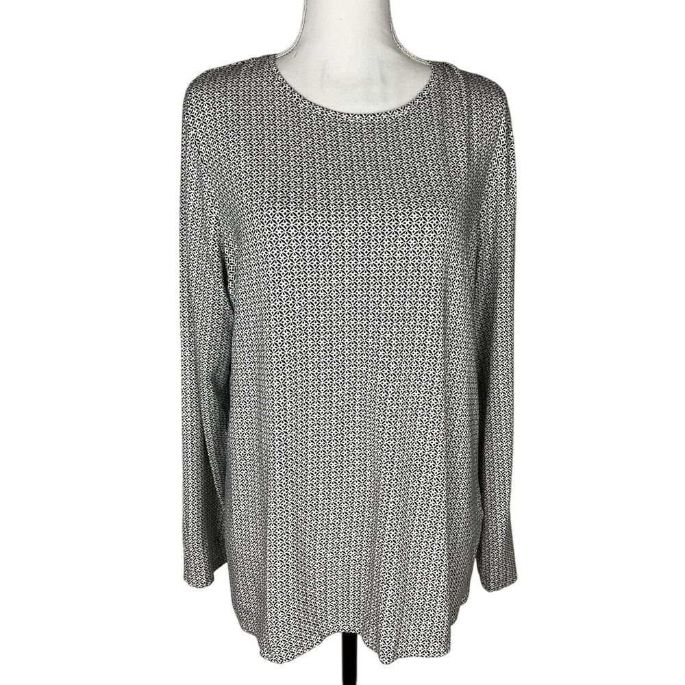 Chico's Womens 2 Pullover Top Soft Stretch Long Sleeve Geo Print Ivory Black - Picture 1 of 6